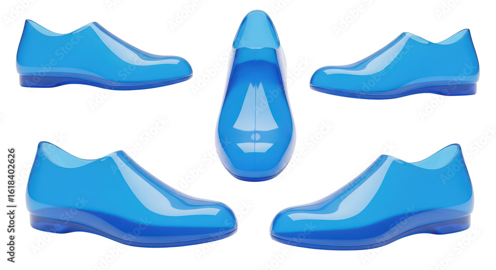 Poster blue transparent shoes displayed in multiple angles on a white backdrop showcasing design and style 