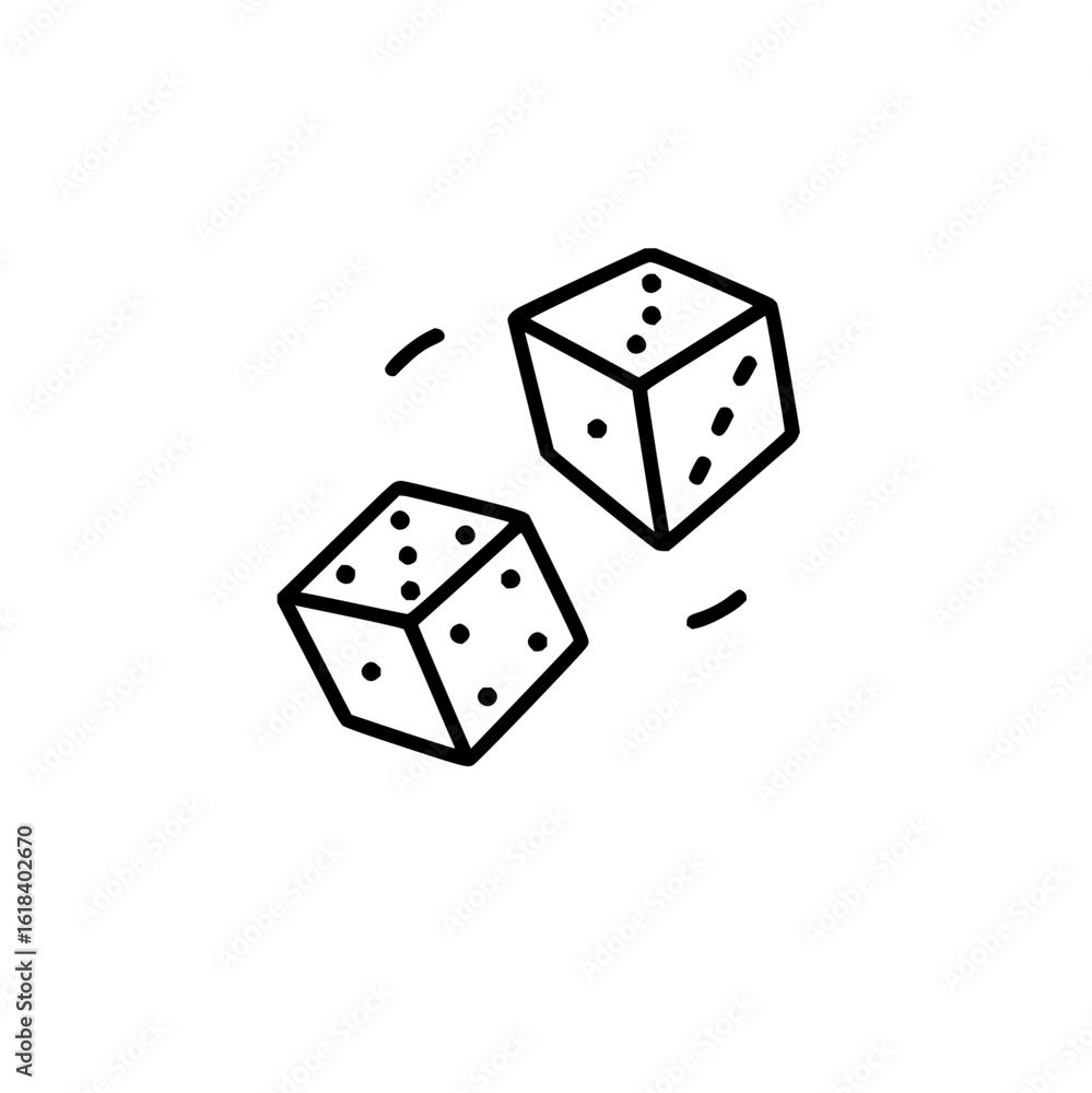 Poster two dice with black outlines and dots are shown with motion lines indicating they are rolling or mov