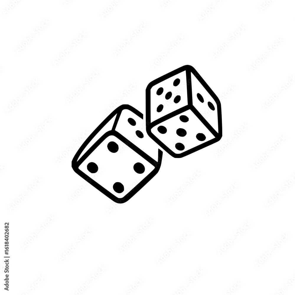 Poster two dice with black outlines and black spots indicating the numbers isolated on a white background i