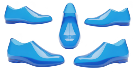 Blue transparent shoes displayed in multiple angles on a white backdrop showcasing design and style for fashion or product presentations