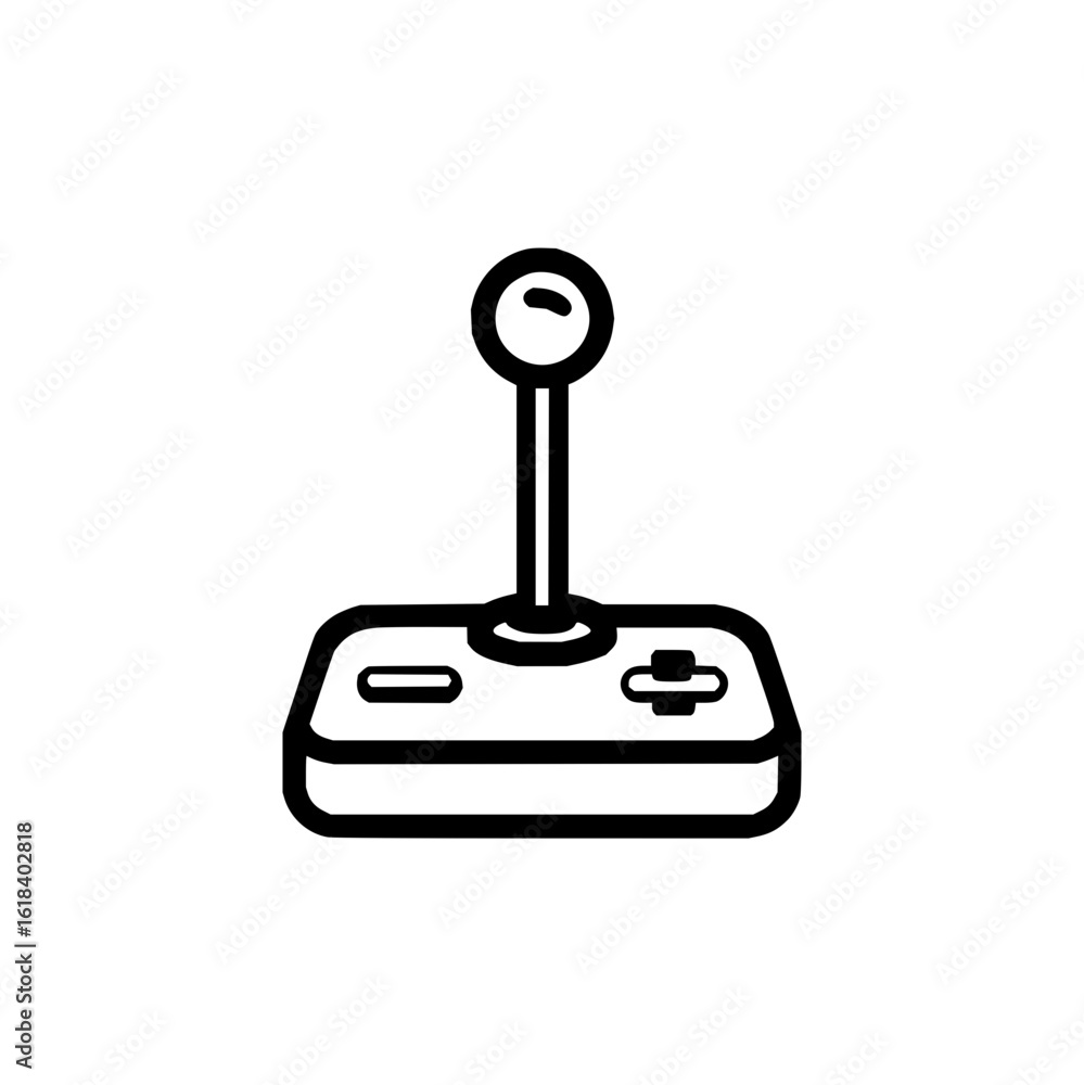 Poster a simple black and white vector illustration of a classic video game joystick with two buttons desig