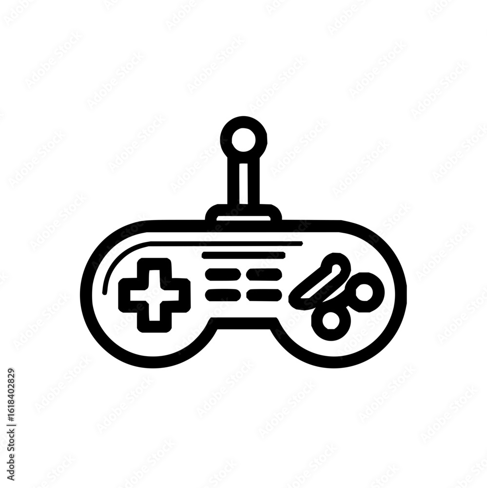 Poster illustration of a black and white video game controller with a joystick and multiple buttons design 
