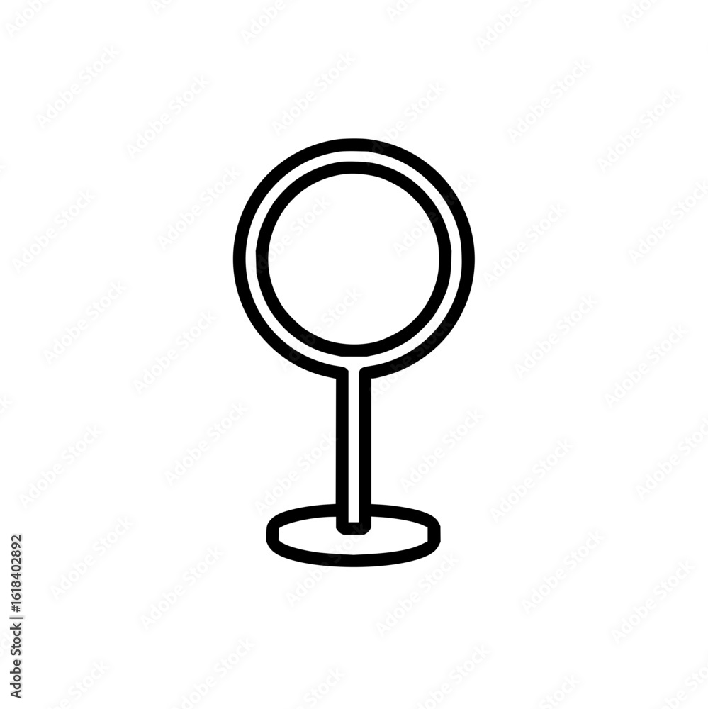 Poster Outline drawing of a round mirror with a stand showing a simple and minimalist design on white background