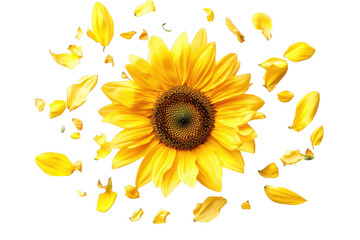 Bright yellow sunflower with scattered petals isolated on transparent background
