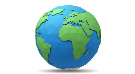 Obraz premium Low Poly Earth Globe with Green Continents and Blue Oceans, Isolated on White Background.