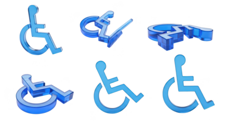 Transparent blue wheelchair symbols displayed on a white surface showing various angles for accessibility illustrations