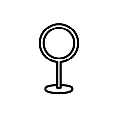 Outline drawing of a round mirror with a stand showing a simple and minimalist design on white background