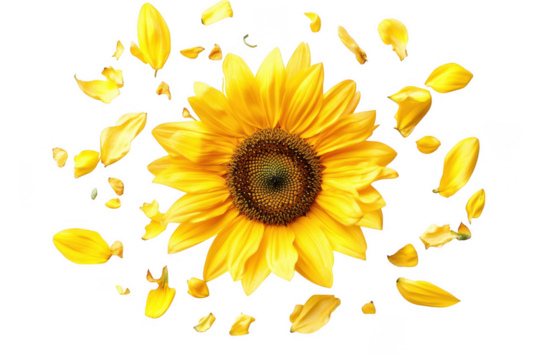 Bright yellow sunflower with scattered petals isolated on transparent background