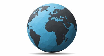 Fototapeta premium Low Poly Earth Globe with Dark Grey Continents and Blue Oceans, Isolated on White Background.