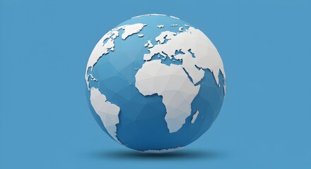Fototapeta premium Low Poly Earth Globe with White Continents and Blue Oceans on Light Blue Background.
