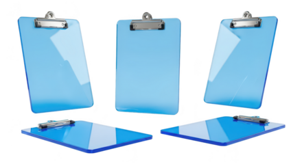Transparent blue clipboards displayed against a white background showcasing various angles for presentations checklists or forms