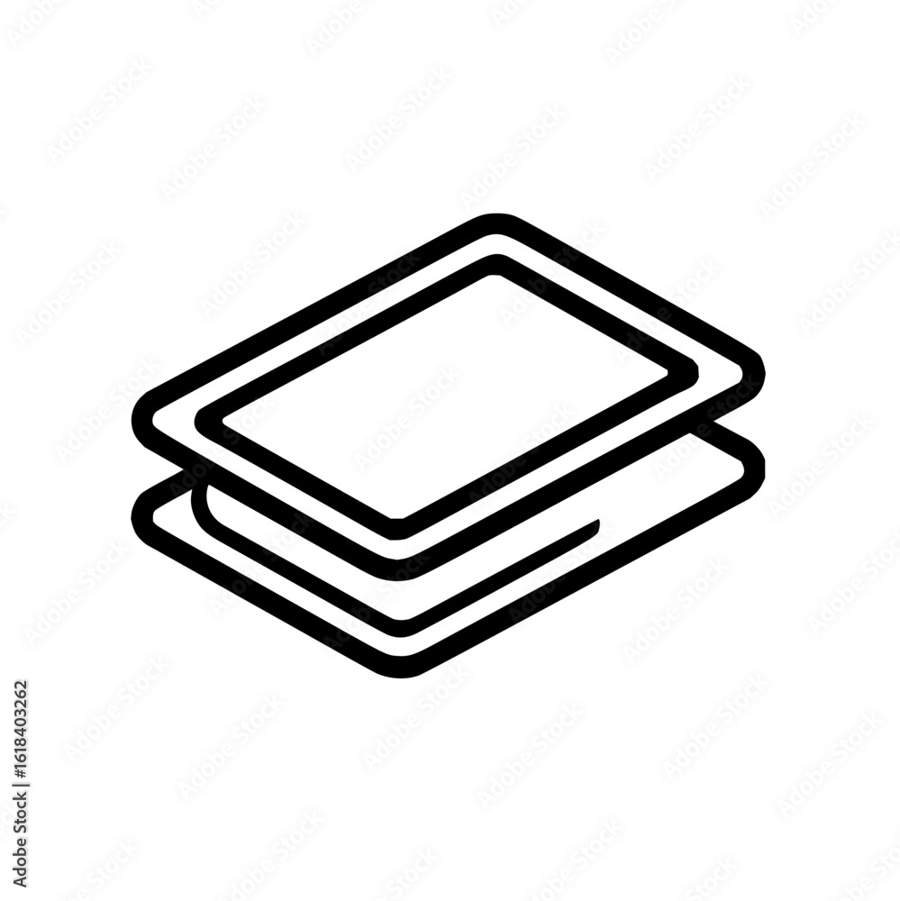 Poster a simple line drawing of two rectangular cards stacked slightly askew on top of each other in black 