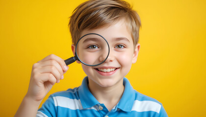 Boy holding magnifying glass to eye on yellow background 1
