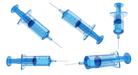 Multiple blue syringes isolated on a white background showcasing medical equipment and vaccination potential