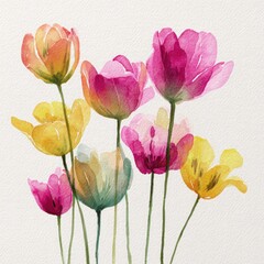 Fototapeta premium Loose watercolor tulips in spring-inspired color palette