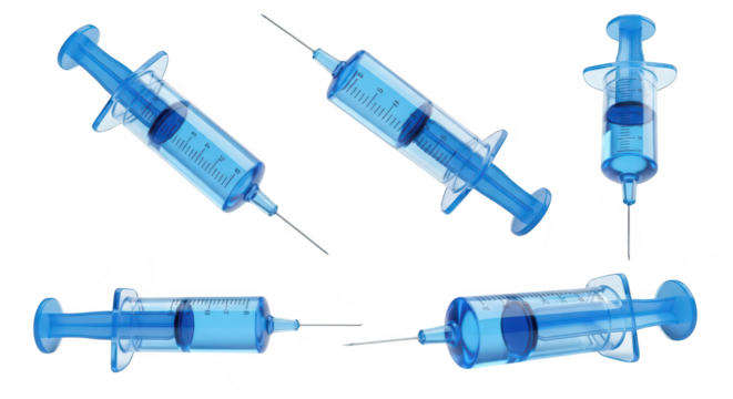 Multiple blue syringes isolated on a white background showcasing medical equipment and vaccination potential