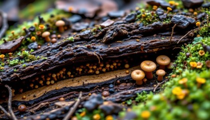 forest floor micro habitat close up showing complex layering of moss fungi and decayed organic matter for biology education content