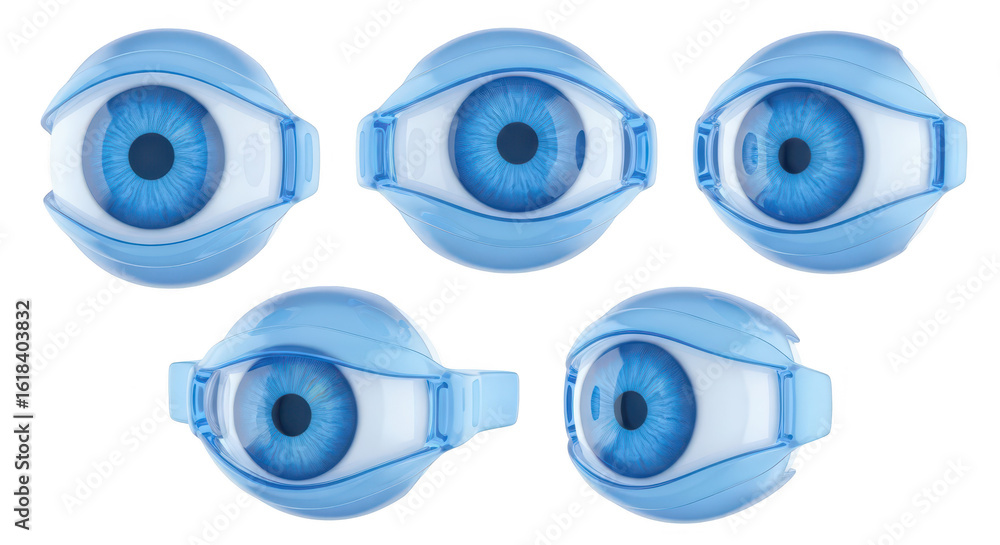 Poster rendered 3d eyes in various perspectives showcasing details and functionality on a clean white backg