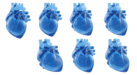 3D-rendered transparent blue hearts arranged in a grid on white background for medical studies anatomy visualizations and educational content