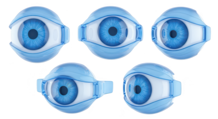 Rendered 3D eyes in various perspectives showcasing details and functionality on a clean white background ideal for design and technology concepts