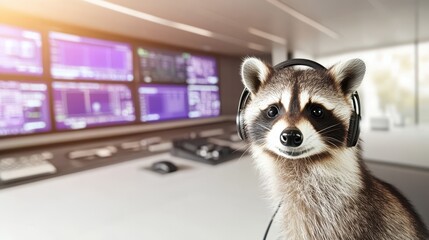Raccoon in Control Room: A curious raccoon dons a headset in a modern control room setting, surrounded by glowing monitors, blending wildlife with technology