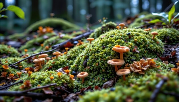 hyperdetailed hidden forest floor scene with moss fungi and lichen coexisting under misty atmospheric woodland lighting for editorial stock imagery