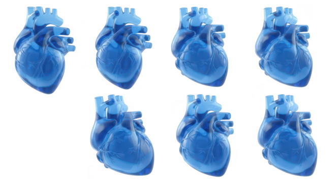 3D-rendered transparent blue hearts arranged in a grid on white background for medical studies anatomy visualizations and educational content