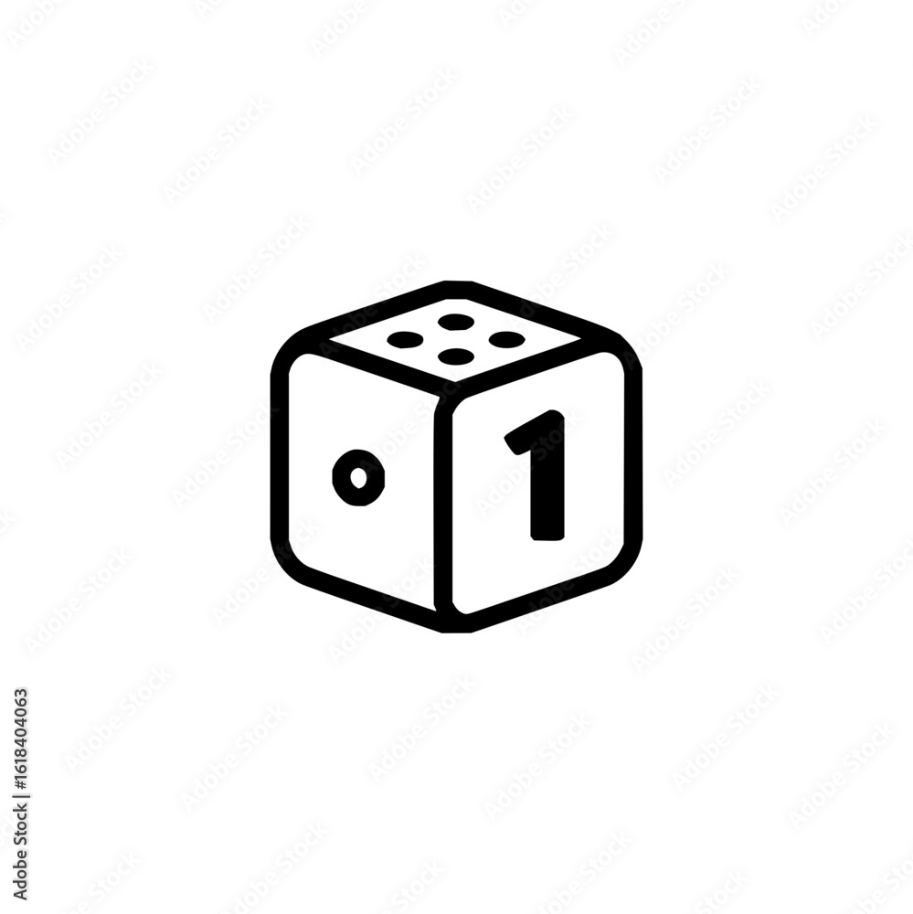 Aufkleber a single die with one spot and four spots showing in black outline on a white background in a simple