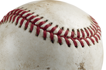 Well worn baseball, showing texture and stitching.