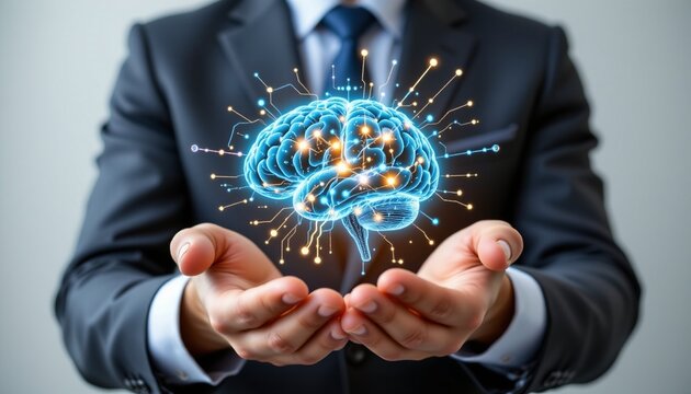 Business professional holding a glowing digital brain, representing artificial intelligence and innovation in technology.