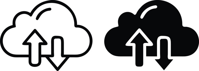 Cloud Upload and Download Icon Set – Vector Data Transfer Symbol in Black and White