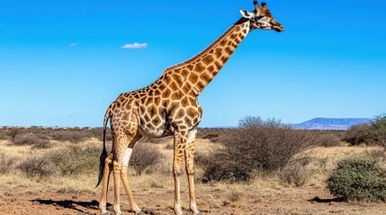 Obraz premium Giraffe in the African Savannah: A tall giraffe, with its distinctive patterned coat, stands majestically against a bright blue sky and arid African landscape.