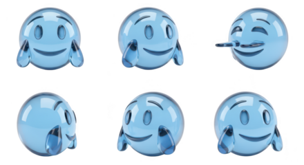 Transparent blue emoji characters showing different expressions against white background ideal for representing feelings in digital communication