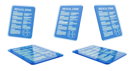 Blue digital medical records display on a reflective surface with multiple perspectives conveying patient data storage healthcare and technology