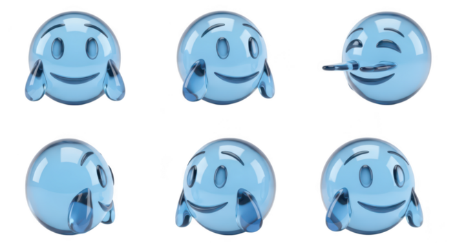 Transparent blue emoji characters showing different expressions against white background ideal for representing feelings in digital communication