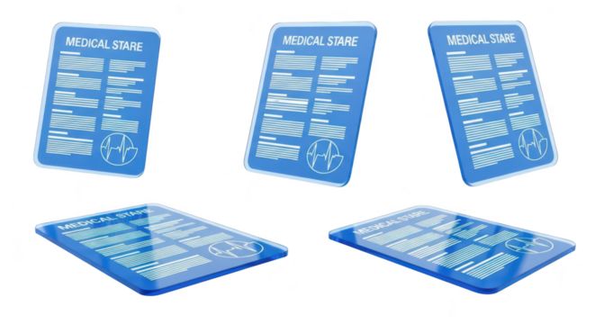 Blue digital medical records display on a reflective surface with multiple perspectives conveying patient data storage healthcare and technology