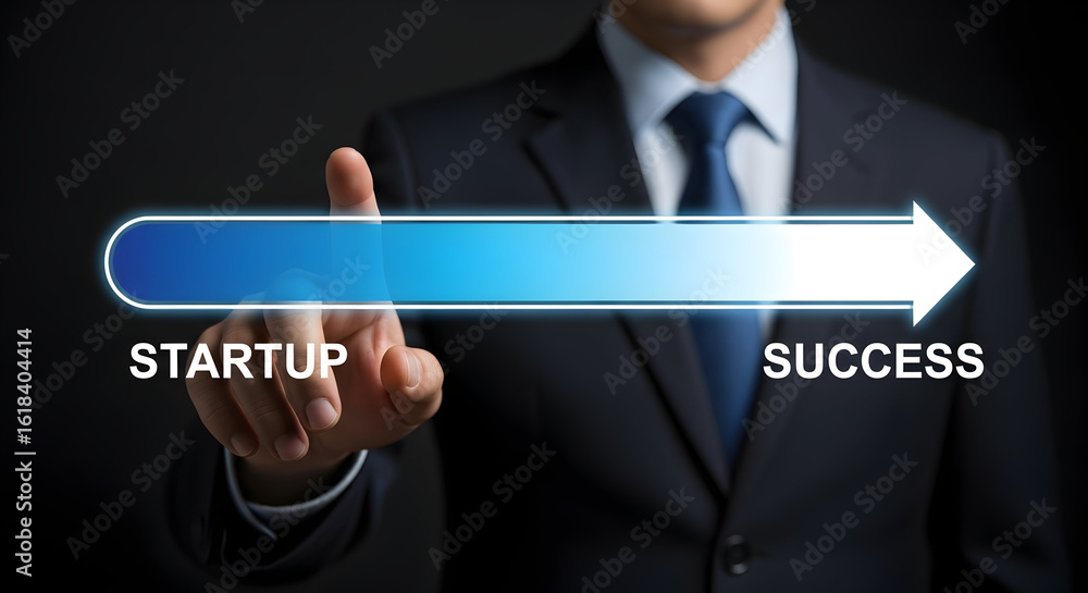 Poster elegant professional navigating path from startup to success in business with strategic arrow