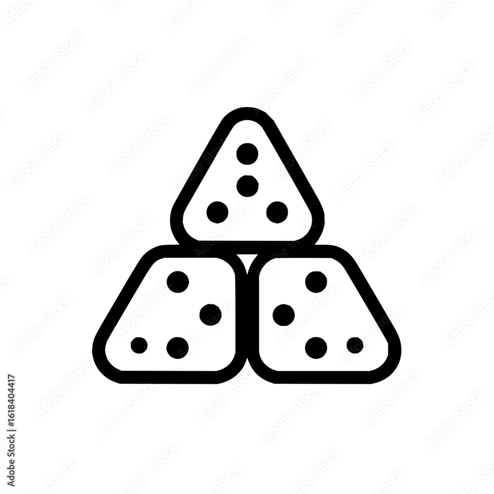 Poster illustration of a stack of three triangular shapes with rounded corners and circular spots on each s