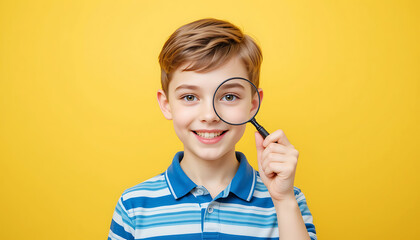 Boy holding magnifying glass to eye on yellow background
