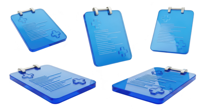 Transparent blue clipboards showing medical reports arranged on a white surface ideal for healthcare illustrations