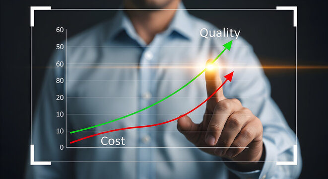 Increase quality decrease costs concept with finger pointing to graph showing financial success