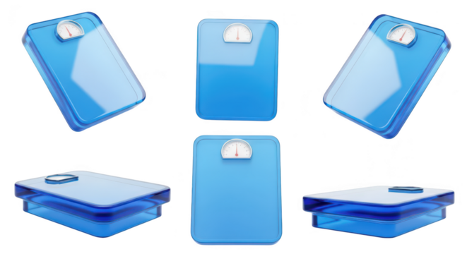 Blue bathroom scales arranged showing different angles on a white backdrop for health and fitness