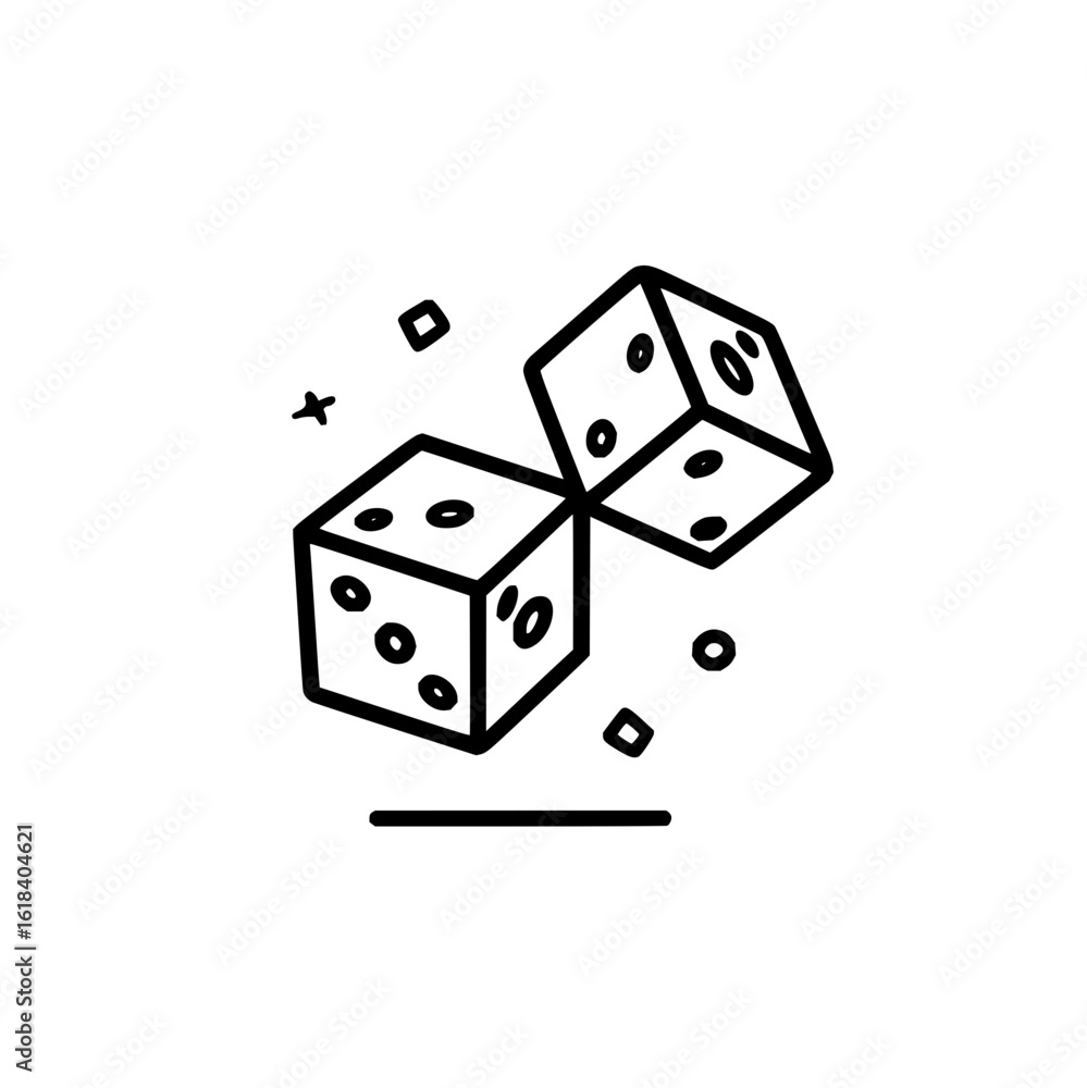 Poster two outline style dice with spots floating above a line and surrounded by small shapes on white