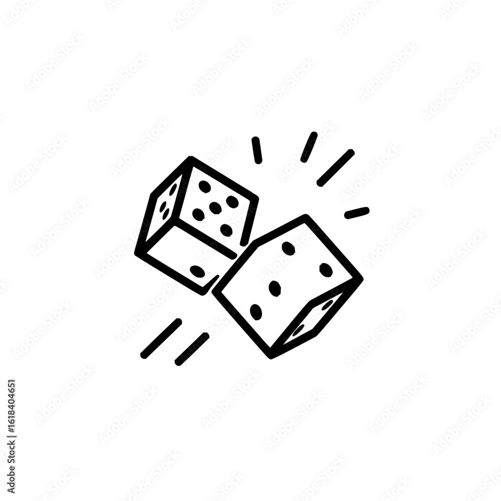 Poster illustration of two dice with dots indicating numbers and short lines around them on a white backgro