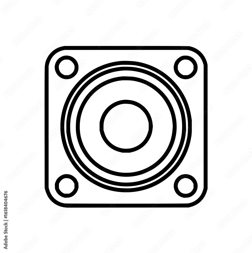 Poster outline drawing of a speaker with square frame and four circles in corners and concentric circles in