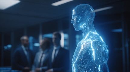 An AI hologram agent representing autonomy and teamwork, standing beside humans in a modern office, symbolizing collaboration between artificial intelligence and human workforce