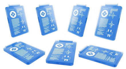 Blue digital medical clipboards in 3D rotating displaying healthcare data on a white background used for medical records
