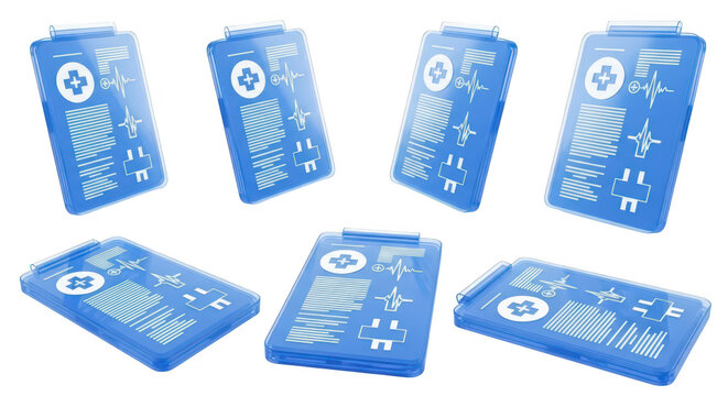 Blue digital medical clipboards in 3D rotating displaying healthcare data on a white background used for medical records
