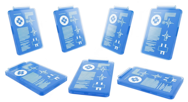 Blue digital medical clipboards in 3D rotating displaying healthcare data on a white background used for medical records