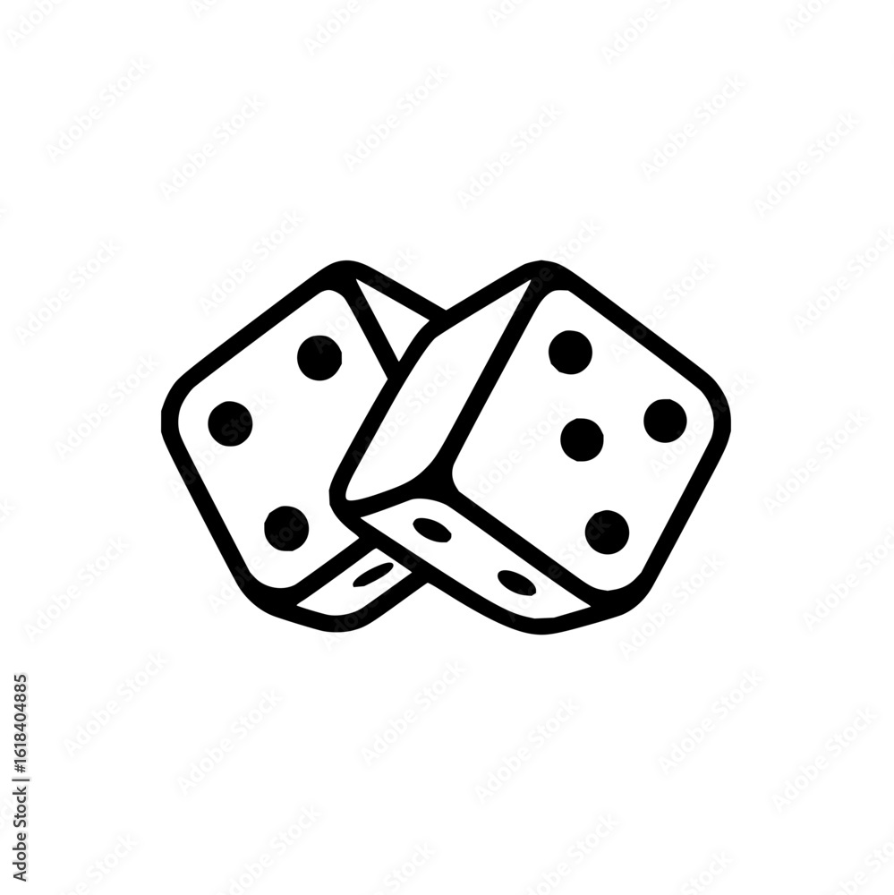 Poster two dice overlapping each other with black dots indicating numbers in a simple black and white style